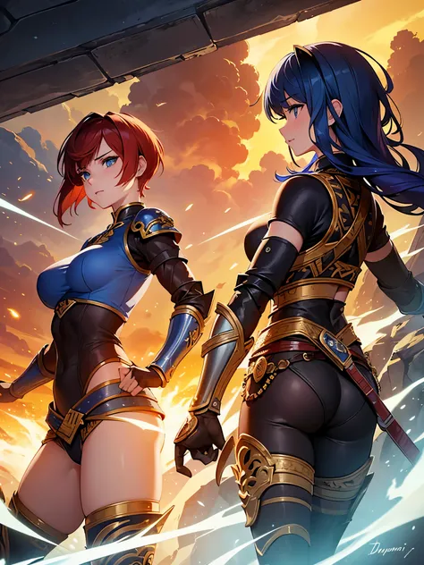 ((highest quality)),(ultra high resolution),(Super detailed),(detailed description),((best CG)),(best work of art),super precision art,amazing drawing art,(Fantasy art with precise details:1.5), ((two female warriors:1.8)),dynamic pose:1.5, (red short hair...