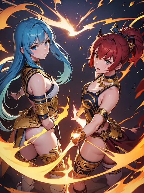 ((highest quality)),(ultra high resolution),(Super detailed),(detailed description),((best CG)),(best work of art),super precision art,amazing drawing art,(Fantasy art with precise details:1.5), ((two female warriors:1.8)),dynamic pose:1.5, (red short hair...