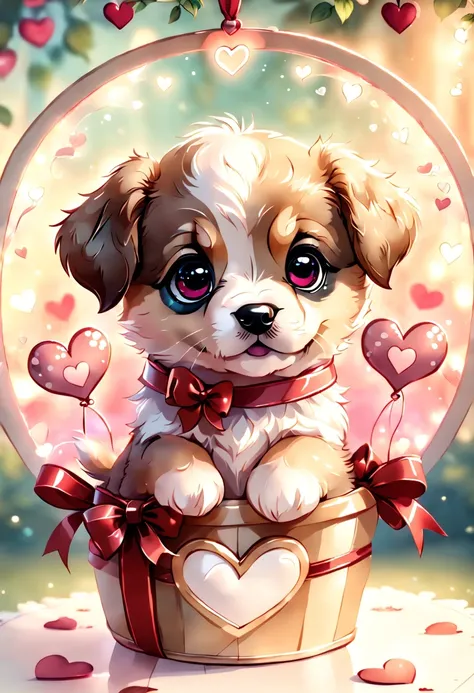 best quality fantasy art of an adorable baby puppy, ribbon, heart, light bokeh, kawaii Valentine scene