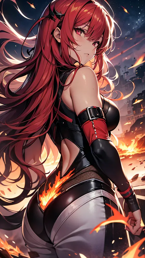 最high quality、best image quality、masterpiece、girl((20-year-old、 By becoming、vest bust、medium bust,wide open breast tea、shining eyes, glowing red hair、long hair、thin,highest valley、black and red suit、Wristband、black gloves、fighting pose、inflammation from th...