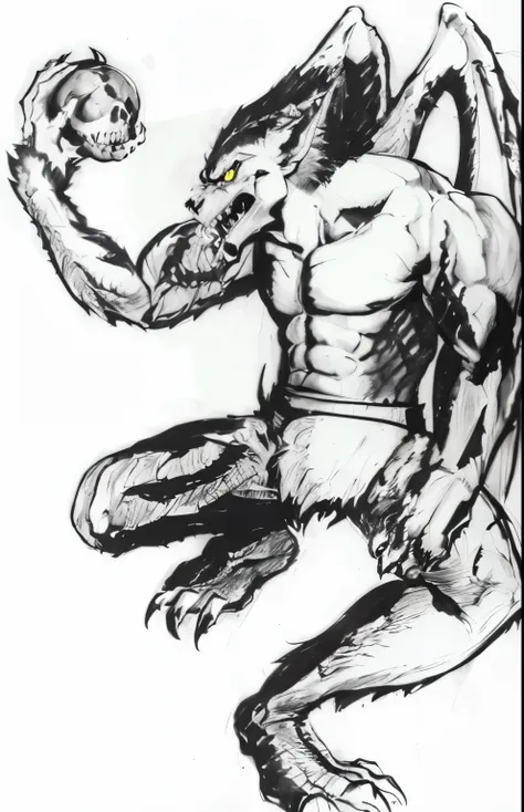 drawing of a man with a skull and a ball in his hand, muscular werewolf, scary angry pose, inspired by Heinrich Kley, intimidating pose, anthro lizard, young male anthro dragon, fight pose, evil pose, crouching humanoid, aggressive pose, weird expressionis...