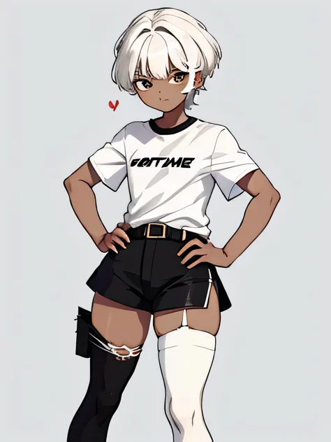 a somewhat feminine boy, brown eyes, white hair, brown skin, with a white t-shirt with black details and black shorts with compr...