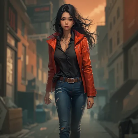 female detective, half indian half black, jeans, black shirt, red jacket, flowing black hair