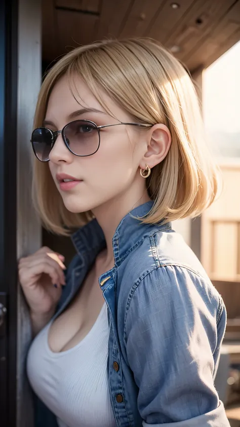 highest quality, High resolution, AND18, 1 girl, android 18, alone, blonde hair, blue eyes, short hair, laughter，earrings, jewelry, denim dress, open vest, white t-shirt，distressed jeans，wearing sunglasses，small breasts, Pose with buttocks sticking out and...