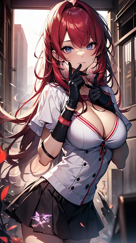 最high quality、best image quality、masterpiece、girl((18-year-old、 By becoming、vest bust、medium bust,wide open breast tea、shining eyes, glowing red hair、long hair、thin,highest valley、、black sailor suit、short skirt、Wristband、black gloves、)),high quality、beauti...