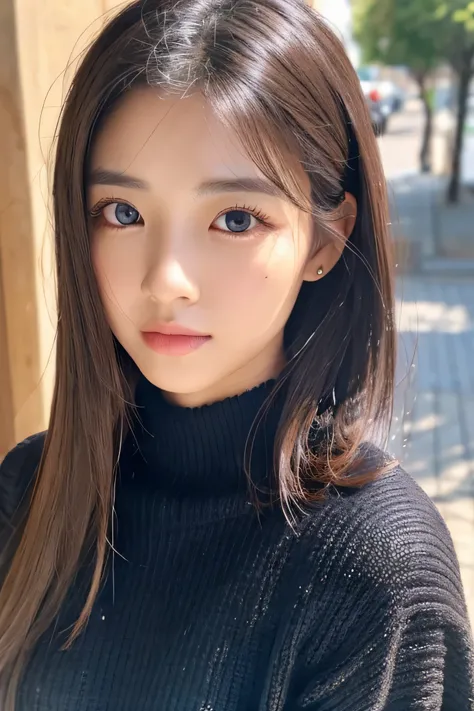 woman、super detailed face、double eyelid, medium hair、No bangs、beautiful hair、black hair、clear eyes、knit sweater、Glossy skin, small head、whole body