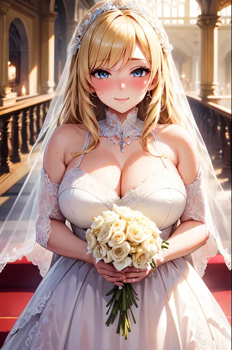 (High quality, High resolution, Fine details), A beautiful bride in a stunning wedding dress, with intricate lace details and a flowing train, solo, curvy women, blond hair, sparkling eyes, (Detailed eyes:1.2), smile, blush, Sweat, Oily skin, shallow depth...