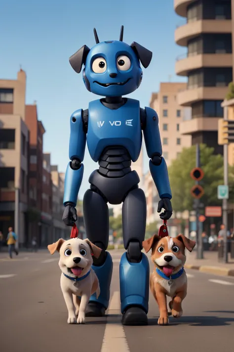 Imagen de un robot con forma humanoide paseando un perro por una gran avenida