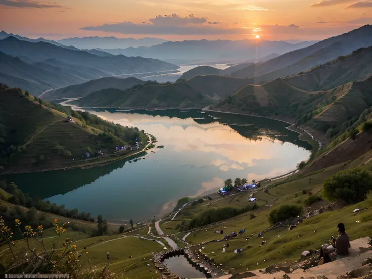 (Evening Pond), 
nature, sunset, (Phoksundo Lake, Nepal, spectacular view), looking down from the summit, best quality, masterpiece, intericate detail