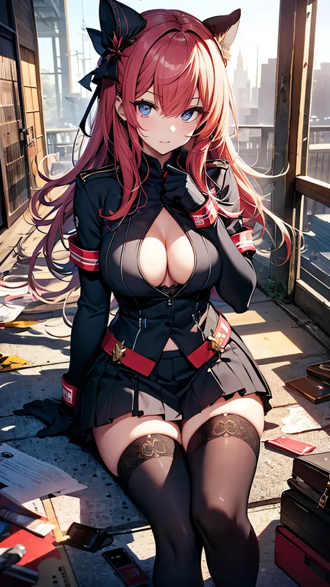 最high quality、best image quality、masterpiece、girl((18-year-old、 By becoming、vest bust、medium bust,wide open breast tea、shining eyes, glowing red hair、long hair、thin,highest valley、、black sailor suit、short skirt、Wristband、black gloves、)),high quality、beauti...