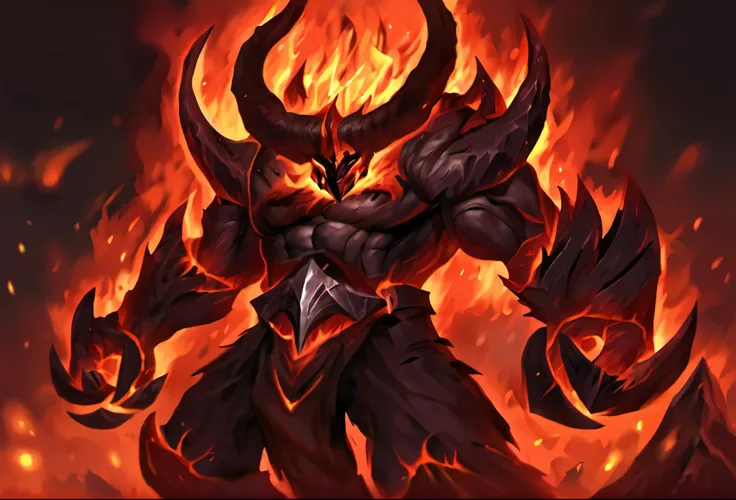 Armor, demon horns, lava, volcanic background, lava axe, god, fire aura, heat, anger, barbaric, League of Legends style character, crazy, full body shot, roaring with fire, year, tail, claws, noun, ground cracking like a creature that comes from lava, god,...