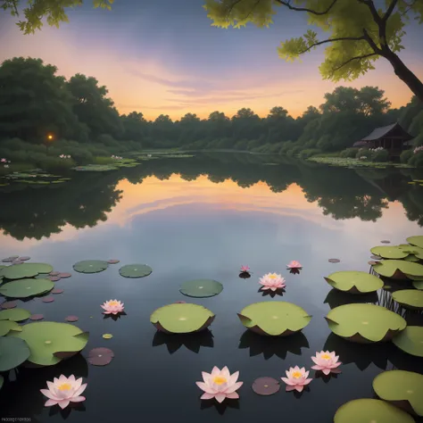 A pond at dusk, sun setting, shimmering water surface, blooming lotus flowers, frog croaking, gentle breeze, fish swimming, swaying lotus leaves, evening glow in the sky, gradually darkening sky, willow trees swaying, lush grass, picturesque scenery, tranq...