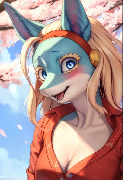 a beautiful and detailed kemono portrait of ippan josei, red dress shirt, outside, honovy hioshiru personalami, blue body, white body, smile, happy,hairband, looking at viewer, close up, medium breasts,cel shading, ((mouth open)), tongue, blush, sakura blo...