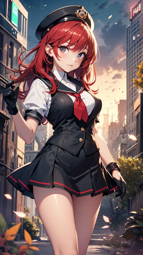 最high quality、best image quality、masterpiece、girl((18-year-old、 By becoming、vest bust、medium bust,wide open breast tea、shining eyes, glowing red hair、long hair、thin,highest valley、、black sailor suit、short skirt、Wristband、black gloves、)),high quality、beauti...