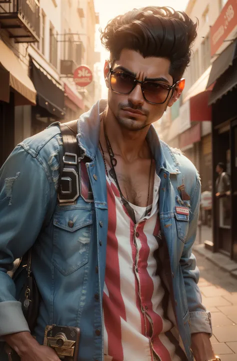 arafed man in a denim jacket and sunglasses standing on a street, modeling shoot, casual photography, stylish pose, with a cool pose, modeling photography, photo taken with canon 5d, inspired by Saurabh Jethani, with sunglass, casual pose, fashion model, s...