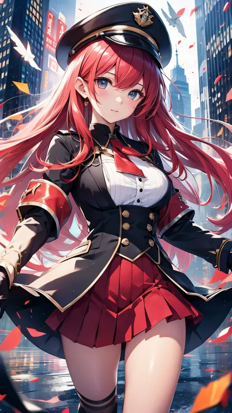 最high quality、best image quality、masterpiece、girl((18-year-old、 By becoming、vest bust、medium bust,wide open breast tea、shining eyes, glowing red hair、long hair、thin,highest valley、、black sailor suit、short skirt、Wristband、black gloves、hat)),high quality、bea...