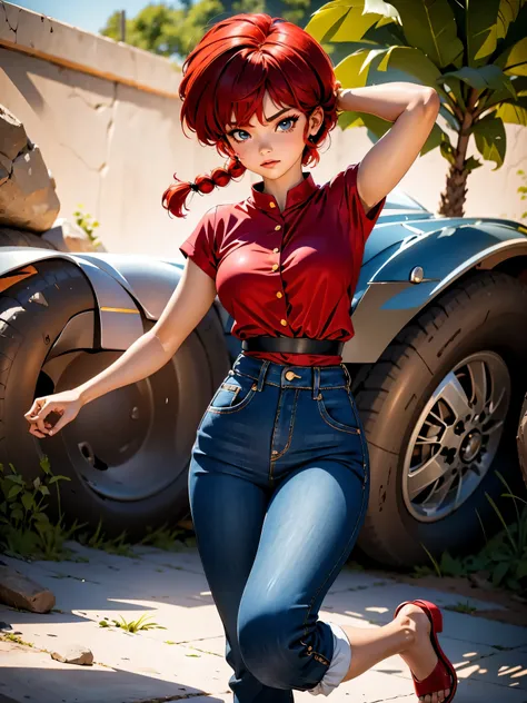 garota anime ruiva com bermuda jeans e vestido vermelho red, saia, 16 anos, corpo bonito, seios grandes, with hands behind head,...