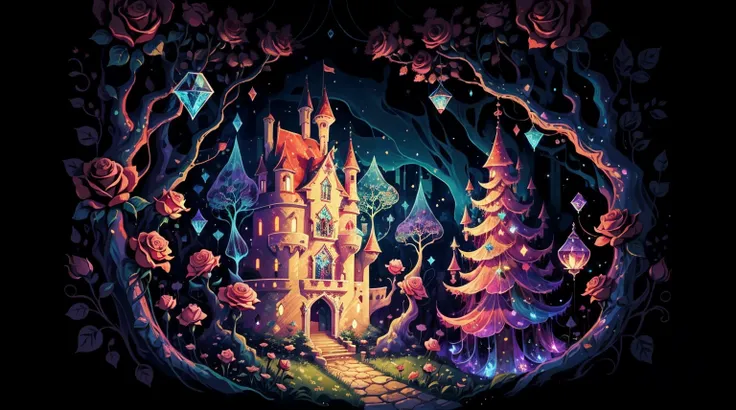 (Absurdres:1.2), exquisitely detailed Cartoon-style castle, roses and rubys, magical elements, mobile game, forest and plants, ethereal, a touch of magical elements, outlines of animals., abstract art, glitch, dripping paint style, holographic, cute00d