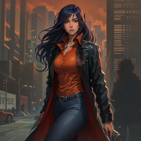 female detective, half indian half black, jeans, black shirt, red jacket, flowing black hair