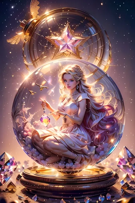 (One young man:1.56, Beautiful highly detailed dress in pale pink color, decorative star ,Trapped in a crystal ball flying above the city: 1.4), (beautiful images, perfection, Magic, idyllic, Dreams: 1.54),surreal, 32K High Resolution, (maximum sharp focus...