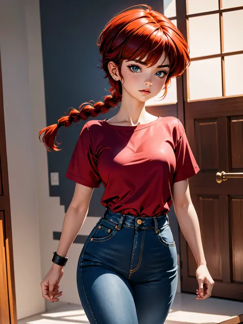 garota anime ruiva com bermuda jeans e vestido vermelho red, saia, 16 anos, corpo bonito, seios grandes, with hands behind head,...