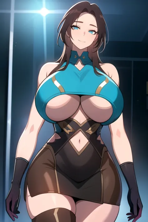 masterpiece, best quality, absurdres, 8k, perfect shadows,perfect lighting,hdr, cowboy shot,shiny skin,skindentation, beautiful body, kafka, ((brown hair: 1.4)), long hair, (turquoise eyes: 1.4),  (crop top, (underboob : 1.1), elbow gloves, thigh boots, sp...