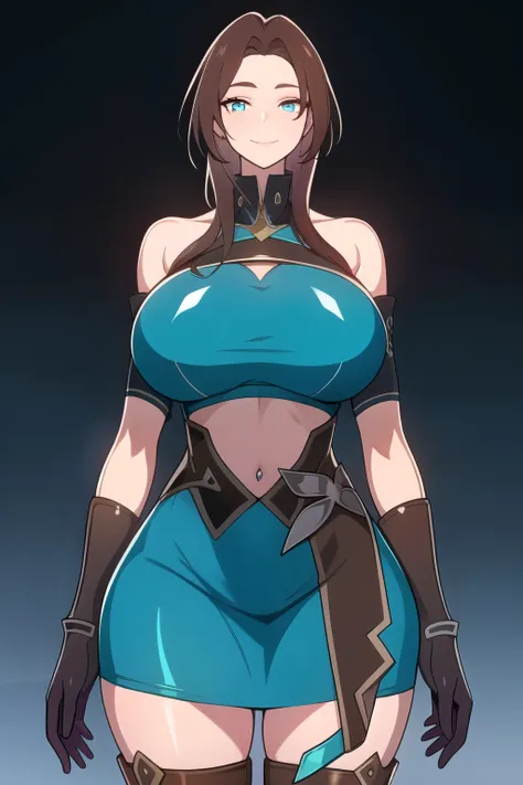 masterpiece, best quality, absurdres, 8k, perfect shadows,perfect lighting,hdr, cowboy shot,shiny skin,skindentation, beautiful body, kafka, ((brown hair: 1.4)), long hair, (turquoise eyes: 1.4),  (crop top, (underboob : 1.1), elbow gloves, thigh boots, sp...