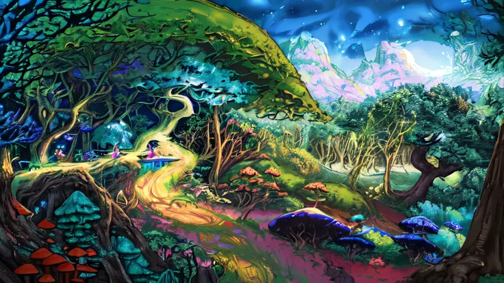 bright, (((cartoon style))), a beautiful fairytale forest, forest paths, green trees, green vegetation, mushrooms, stones, grass, fantastic (background), fantasy art, forest, blue sky, magical landscape, fantasy, no human, illustration for children, fantas...