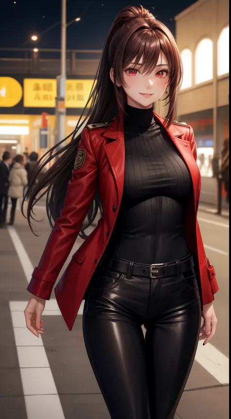 (Very detailed CG), (highest quality), 1 girl, perfect face,shiny skin,tight waist, Wide hips Reika Shindai, black pants,black nails,Jacket,boots,red eyes,pants,long sleeve,red coat,brown hair,ponytail,coat,long hair,earrings, jewelry,blushed, smile,