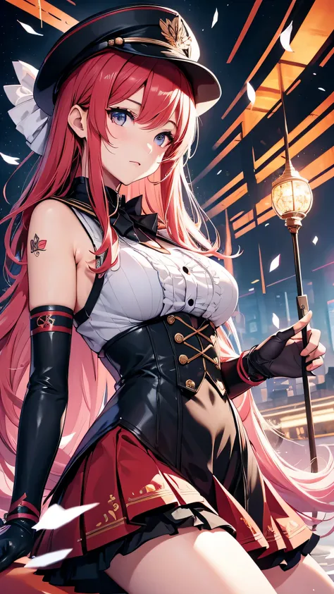 最high quality、best image quality、masterpiece、girl((18-year-old、 By becoming、vest bust、medium bust,wide open breast tea、shining eyes, glowing red hair、long hair、thin,highest valley、、black sailor suit、short skirt、Wristband、black gloves、hat、Tsundere)),high qu...