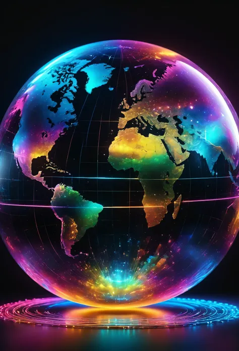 holography, draw in neon colors ((地ball)): ball: ((floating)), transparent, three dimensions, light, sf, digital art, digital, s...