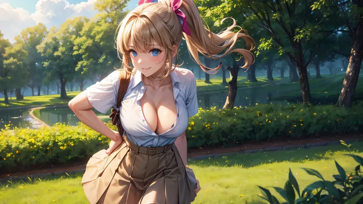 1girl, full body, solo, summer, village, trees, sun, clouds, ((colorful hair)), ponytail, large breasts, button down, blue eyes, ((white shirt)), ((unbuttoned shirt)), unbuttoning buttons, popping buttons, ((short sleeved shirt)), ((light brown west sweete...