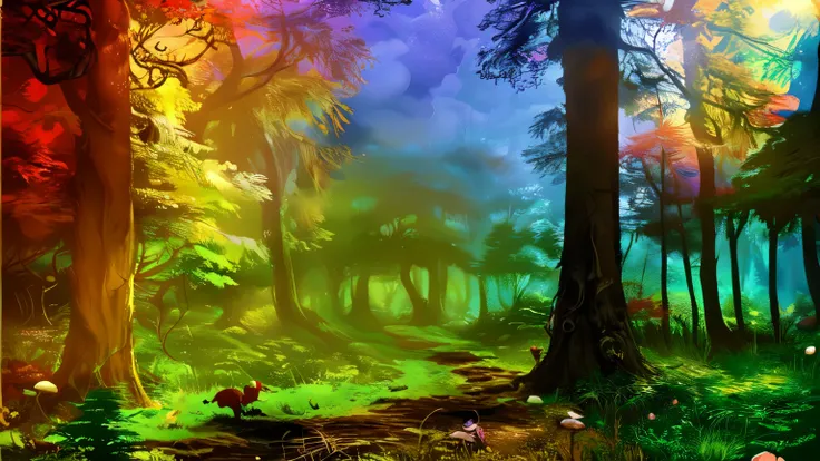 bright, (((cartoon style))), a beautiful fairytale forest, forest paths, green trees, green vegetation, mushrooms, stones, grass, fantastic (background), fantasy art, forest, blue sky, magical landscape, fantasy, no human, illustration for children, fantas...