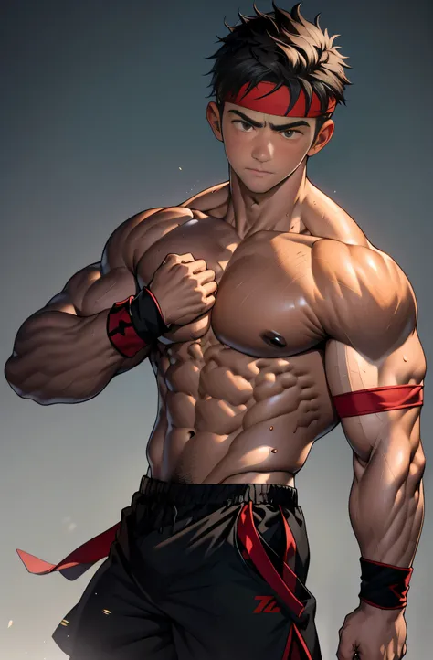 (Masterpiece, Best quality 17 year old boy, Shota, simple background), solo, Young, boy, Dark Short hair, full bodyesbian, Shirtless, topless, (Dark Short straight hair, under cut, brown eyes), (red headband, black shorts, ((black wristband))), Vivid color...