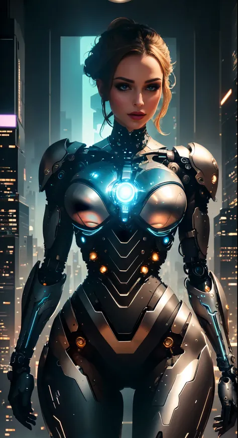 A female cyborg stands in a private reception area, surrounded by the breathtaking skyline of a bustling metropolis. The room is decorated with avant-garde art installations, lighting up the space with vibrant colors and dynamic patterns. The cyborg is dre...