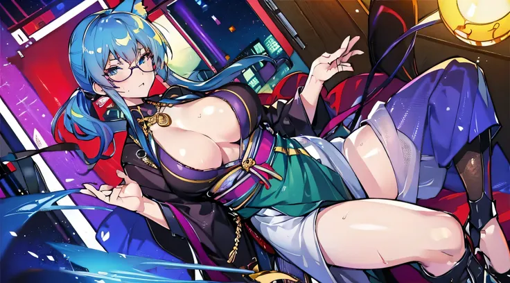 masterpiece、highest quality、NSFW、1girl , solo , huge breasts、deep cleavage、light green hair、ponytail、fox ears、brightly colored eyes、blue eyes、black glasses、green kimono、light purple long hakama、red leather jacket、leather boots、flashy necklace、charm、Wet、fac...