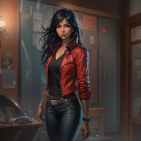 female detective, half indian half black, jeans, black shirt, red jacket, flowing black hair