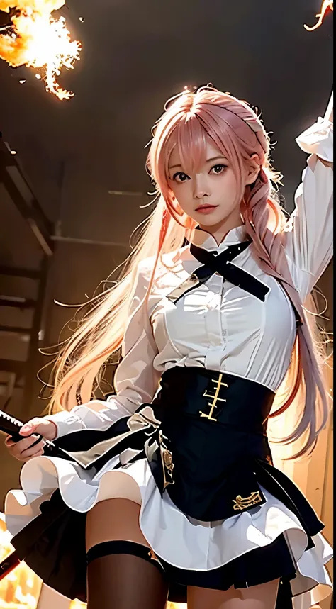 On the battlefield of the storm, A woman dressed in a Lolita costume wields a weapon infused with the power of the fire element.(( Lightning danced beside her)), Echoing the strength of her determination，Because she embodies the power of the forces of natu...