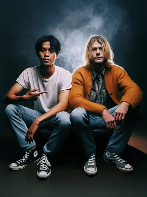 they are two men sitting on a bench smoking a cigarette, lee madgwick & liam wong, nirvana, greg rutkowski and ross tran, jin shan and ross tran, lee griggs and jason chan, edgar maxence and ross tran, fanart, mars ravelo and greg rutkowski, akehiko inoue ...