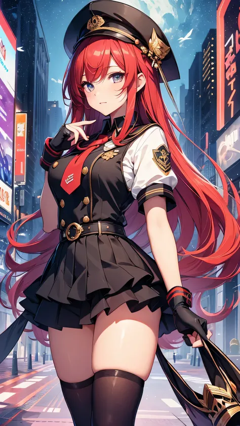 最high quality、best image quality、masterpiece、girl((18-year-old、 By becoming、vest bust、medium bust,wide open breast tea、shining eyes, glowing red hair、long hair、thin,highest valley、、black sailor suit、short skirt、Wristband、black gloves、hat、Tsundere、point to ...