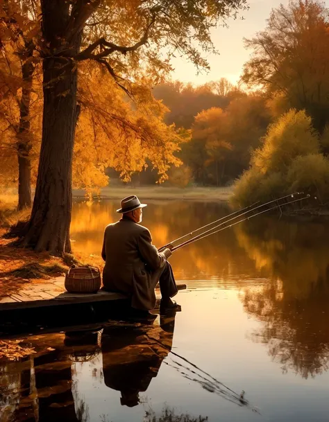 Sunset evening in the ring of a golden pond, American film, old man Henry Fonda sitting on a short wooden stake by the pond, fishing, autumn, forest, fine lines in the rippling water, fallen leaves on the ground, Golden Pond, Katharine Hepburn, serene atmo...