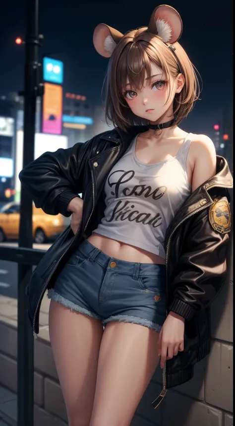 (masterpiece,highest quality,Super detailed),1 girl,brown hair, brown hair with a white line,short hair,mouse ears,((small)),medium breasts,denim shorts, Jacket, Rock Punk Fashion,(gray theme),(pastel color theme),in the city,night