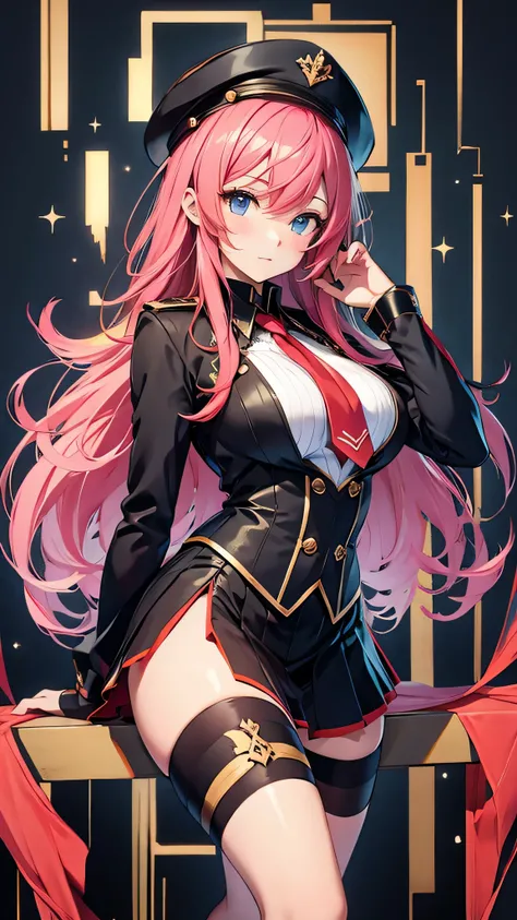 最high quality、best image quality、masterpiece、girl((18-year-old、 By becoming、vest bust、medium bust,wide open breast tea、shining eyes, glowing red hair、long hair、thin,highest valley、、black sailor suit、short skirt、Wristband、black gloves、hat、Tsundere、rotate)),...