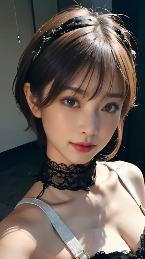 1 Nogizaka Musume、very cute、beautiful girl、19 years old、(gothic  fashion)、beautiful face, Exquisite details of eyes and skin、fine black shiny hair、Classy ruffles、frilled tie、ribbon tie、rose hair accessories、(smile at the camera)、(cowboy shot)、(sea of europ...