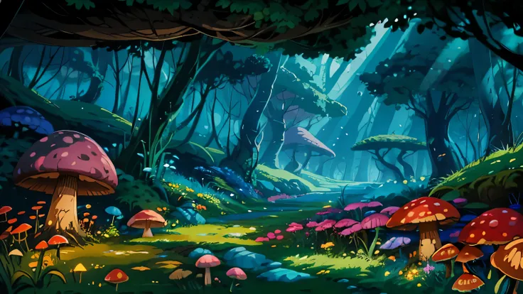 bright, (((cartoon style))), a beautiful fairytale forest, forest paths, green trees, green vegetation, mushrooms, stones, grass, fantastic (background), fantasy art, forest, blue sky, magical landscape, fantasy, no human, illustration for children, fantas...