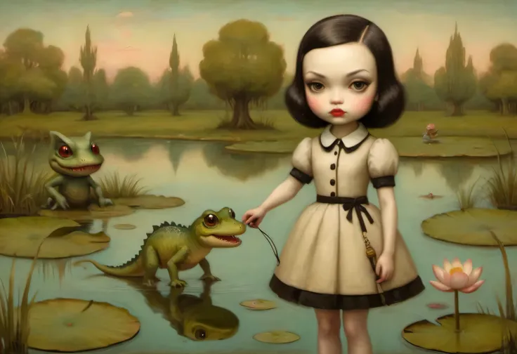 a painting on craft paper in the style of the artist Mark Ryden, a strange girl walks a small dinosaur on a leash near the evening pond, the evening surface of the pond, water lilies and reeds, frogs on water lilies, a strange girl is shown in detail, even...