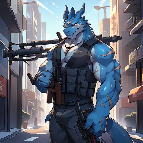 (dragon), two colors, Scars on the face, With sunglasses on his head,Necklace hanging around the neck,(muscular body:1.3), There is a scar on the face, Handsome, OK,(Scars on the face), on the street,(Express),(city background),(with scars on face:1.2),loo...