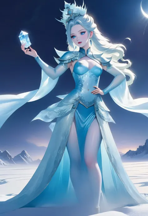 ((ancient chinese queen style:1.5)), (8k, highest quality, masterpiece: 1.2), (realistic, realistic: 1.37), Super detailed,  ((an ice female sexy demon:1))、Standing in the frozen snow field、Witch wearing pale armor, ((sexy costume:1)), SEXY female devil, (...