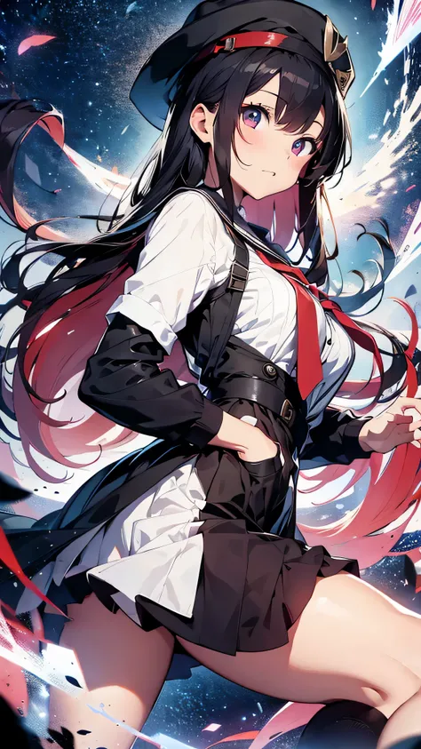 最high quality、best image quality、masterpiece、girl((18-year-old、 By becoming、vest bust、medium bust,wide open breast tea、shining eyes, glowing red hair、long hair、thin,highest valley、、black sailor suit、short skirt、Wristband、black gloves、hat、Tsundere、back view...