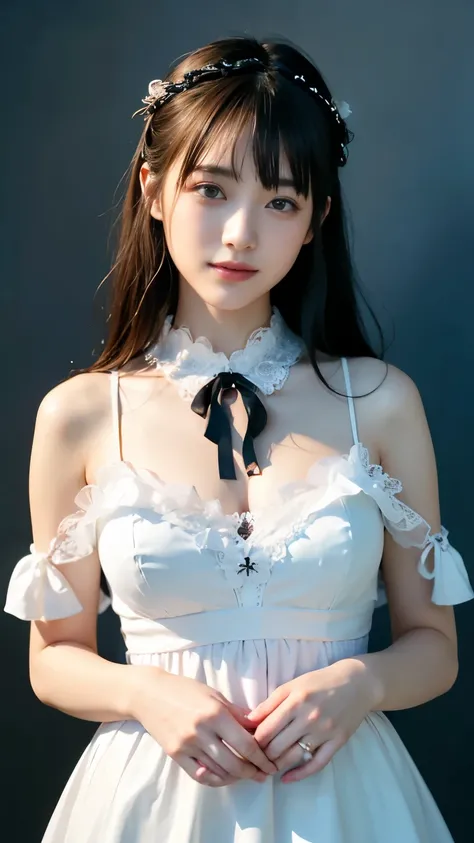 1 Nogizaka Musume、very cute、beautiful girl、19 years old、(gothic  fashion)、beautiful face, Exquisite details of eyes and skin、fine black shiny hair、Classy ruffles、frilled tie、ribbon tie、rose hair accessories、(smile at the camera)、(cowboy shot)、(sea of europ...